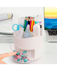 Obrotowy przybornik na biurko na długopisy z szufladką