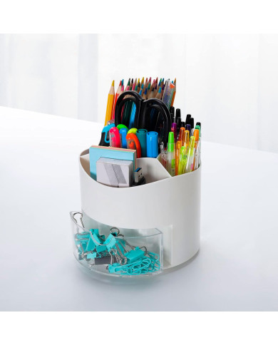 Obrotowy przybornik na biurko na długopisy z szufladką