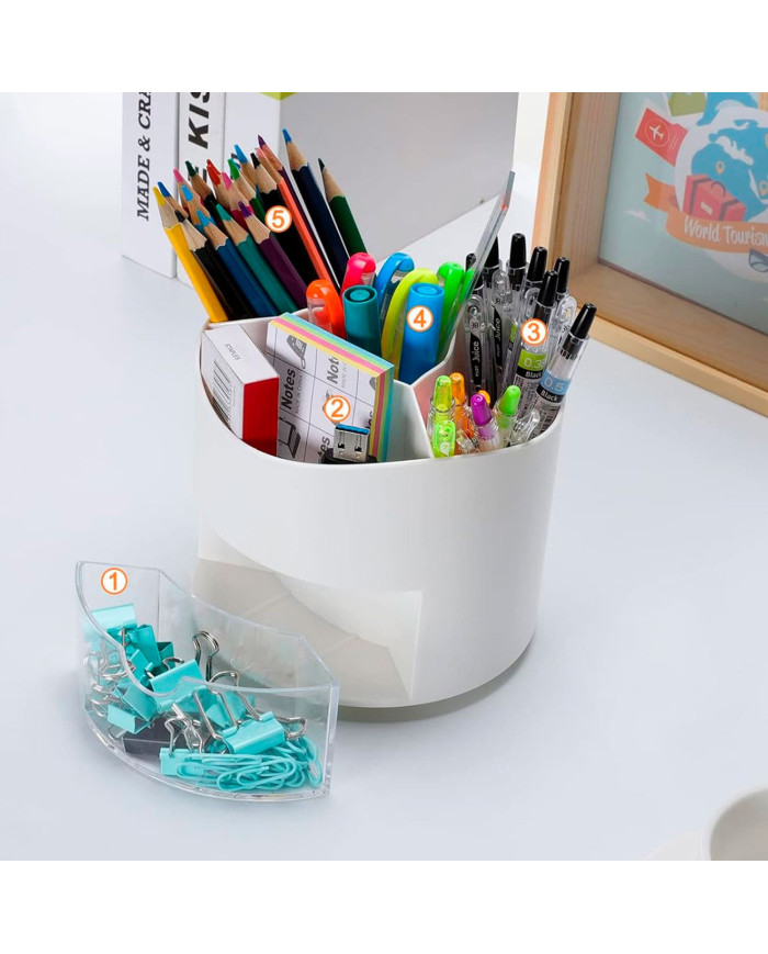 Obrotowy przybornik na biurko na długopisy z szufladką