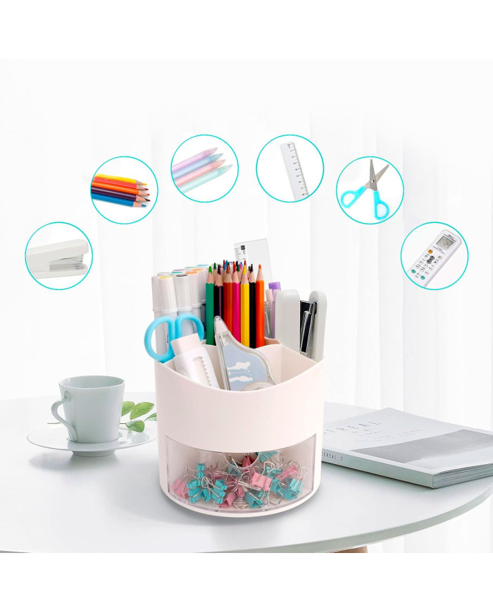 Obrotowy przybornik na biurko na długopisy z szufladką