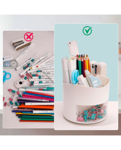 Obrotowy przybornik na biurko na długopisy z szufladką