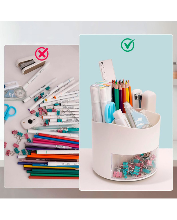 Obrotowy przybornik na biurko na długopisy z szufladką