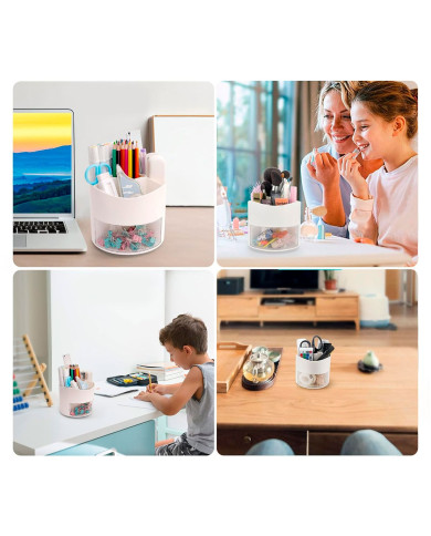 Obrotowy przybornik na biurko na długopisy z szufladką