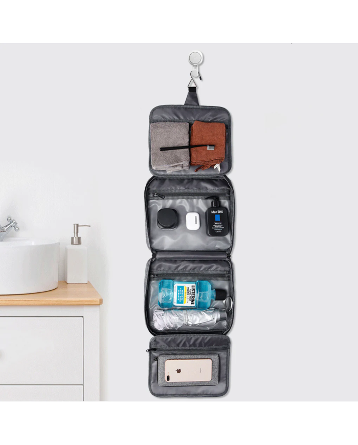 Kosmetyczka podróżna wisząca Bange z haczykiem rozkładana szara