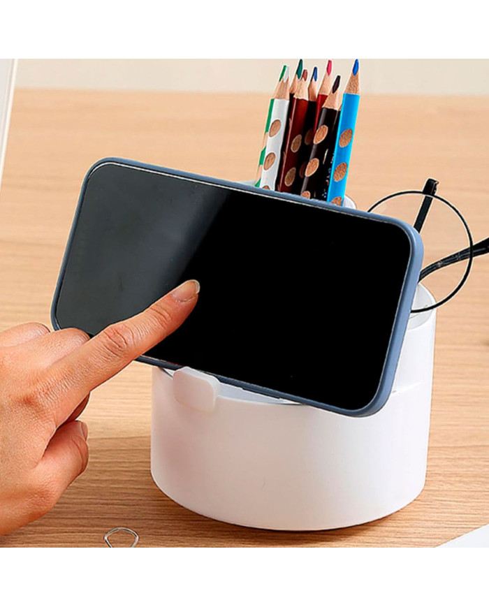 Obrotowy przybornik na biurko na długopisy z uchwytem na telefon