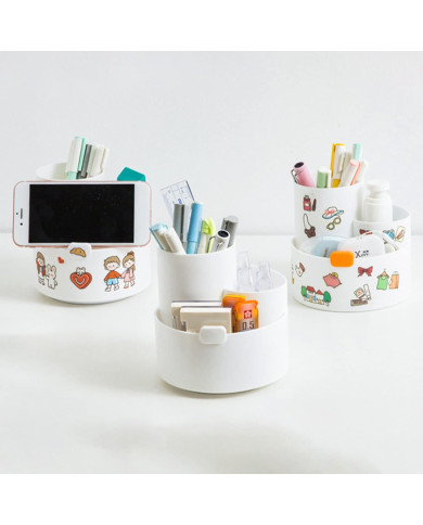 Obrotowy przybornik na biurko na długopisy z uchwytem na telefon