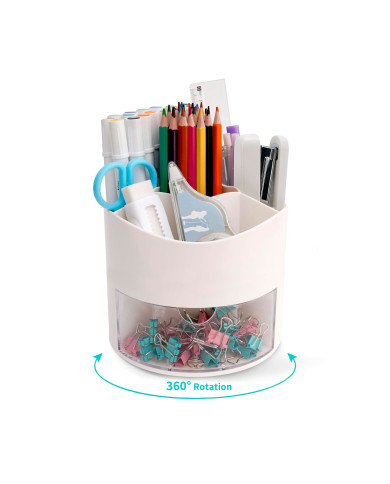 Obrotowy przybornik na biurko na długopisy z szufladką