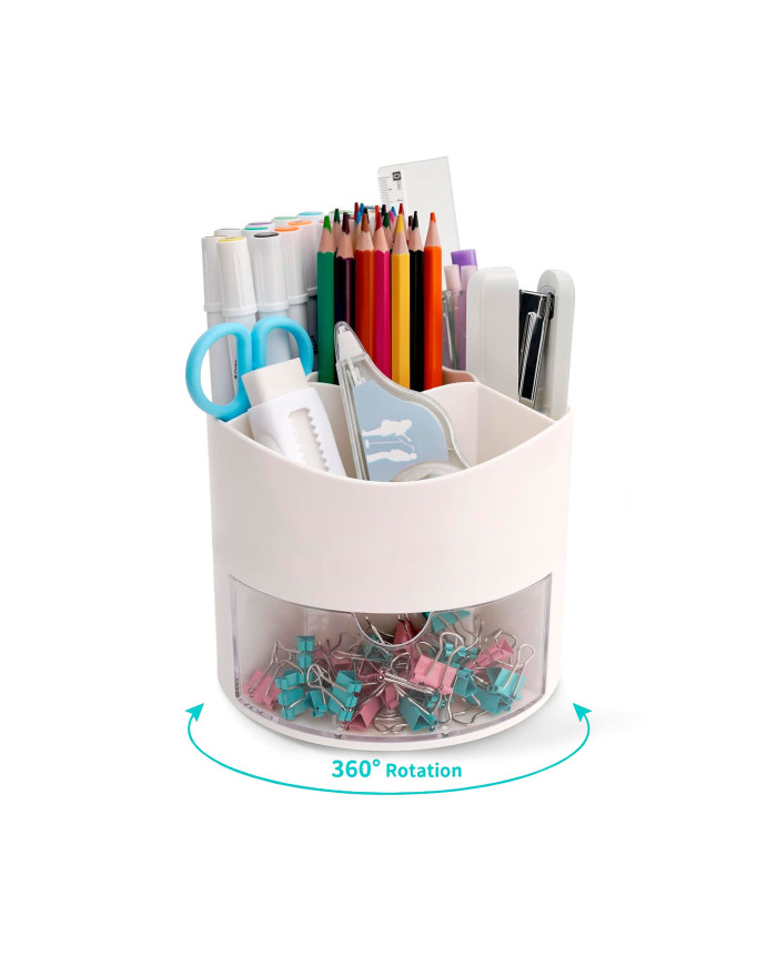 Obrotowy przybornik na biurko na długopisy z szufladką